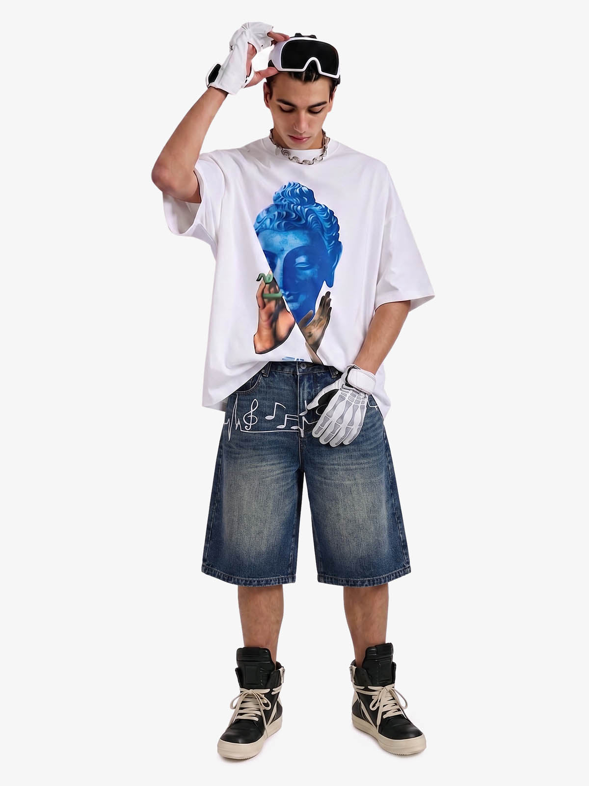 Music Print Denim Shorts with Embroidered Notes