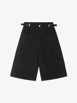 Urban Techwear Side Buckle Layered Hem Cargo Shorts 