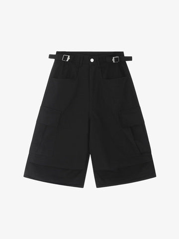 Urban Techwear Side Buckle Layered Hem Cargo Shorts 