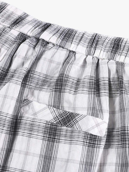 Plaid Wide-Leg Pants with Button-Front Waistband – Cotton Blend Relaxed Fit Casual Trousers