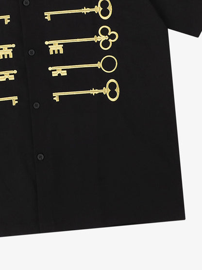 Black Cotton Button-Up Shirt with Gold Embroidered Key Motif – Classic Fit Top