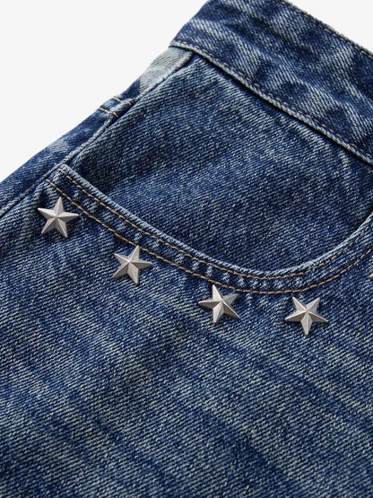 Star Embroidered Denim Shorts with Rivets