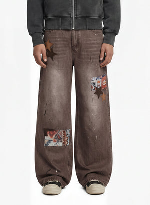 Retro Patchwork Washed Wide Leg Denim Jeans 