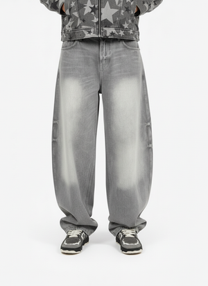 Retro Washed Distressed Curved Blade Wide-Leg Jeans 