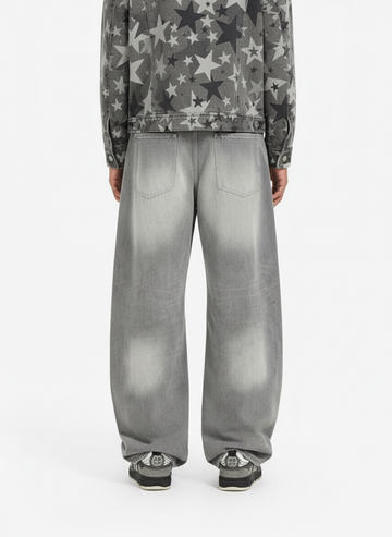 Retro Washed Distressed Curved Blade Wide-Leg Jeans 