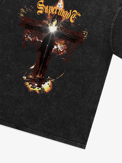 Washed Gothic Cross Graphic T-Shirt 