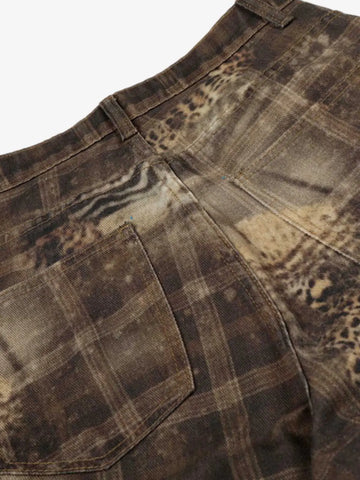 Plaid Leopard Print Cargo Barrel Jeans 