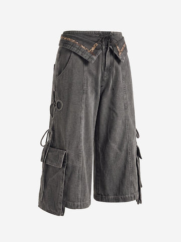 Turned-Waist Utility Wide-Leg Jeans