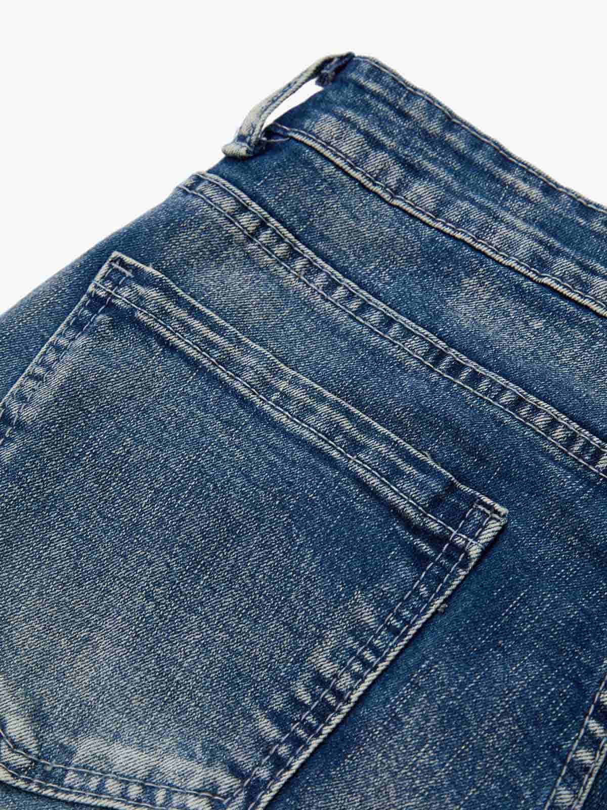 Vintage Distressed Button Fly Ruched Panel Flared Jeans 