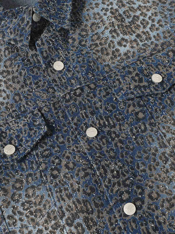 Vintage Leopard Print Washed Denim Short Sleeve Shirt 