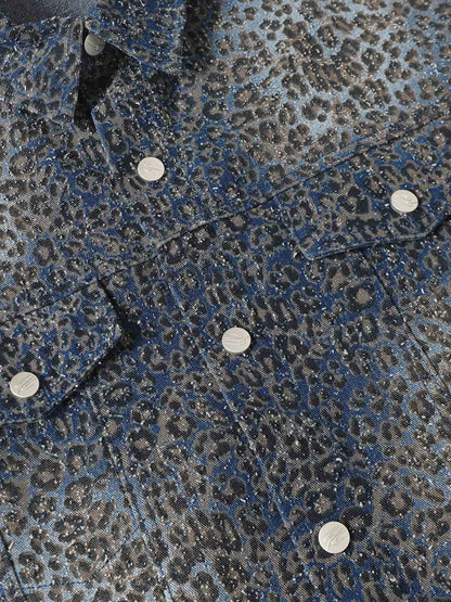 Vintage Leopard Print Washed Denim Short Sleeve Shirt 