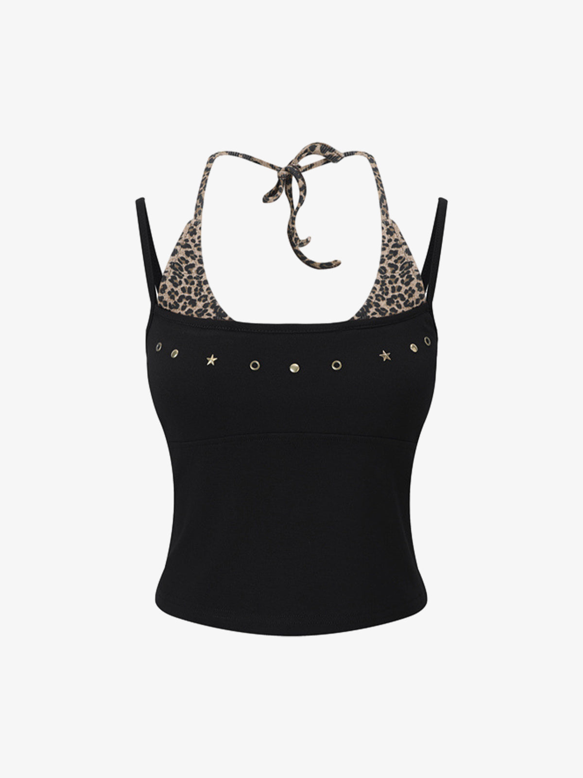 Leopardenmuster-Haltertop – Stretch-Baumwolle mit goldenen Ziernieten
