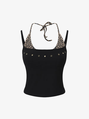 Leopardenmuster-Haltertop – Stretch-Baumwolle mit goldenen Ziernieten