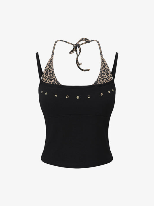 Leopardenmuster-Haltertop – Stretch-Baumwolle mit goldenen Ziernieten