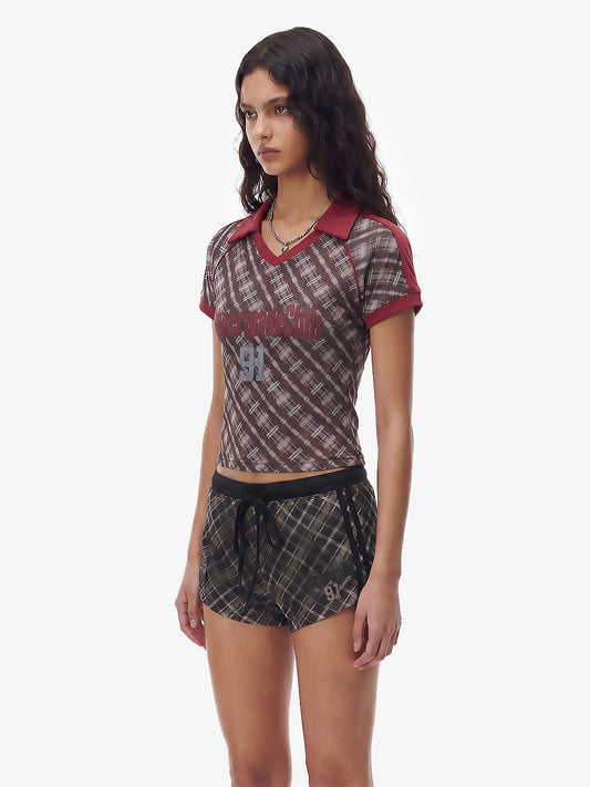 Y2K Kariertes Slim-Fit-T-Shirt mit Reverskragen