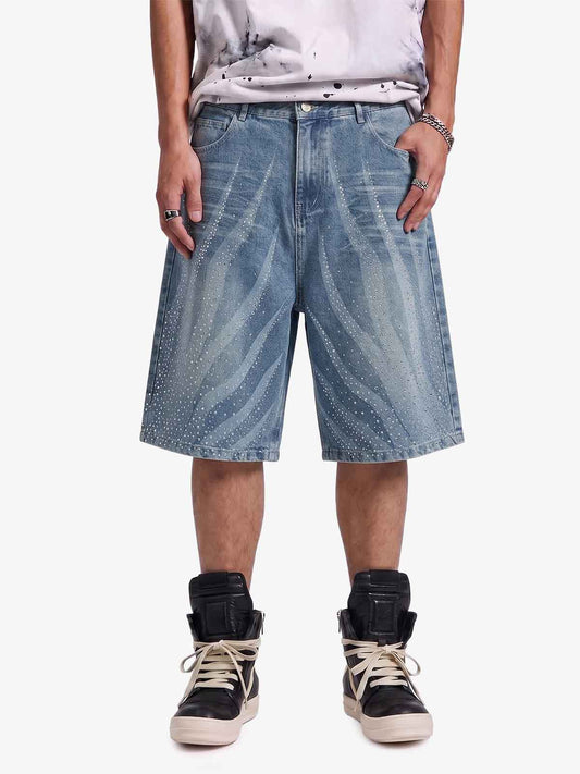 Strassbesetzte Jeans-Bermudas mit Wellenmuster – Helle Waschung, lässige Passform