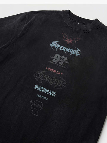 Vintage Washed Distressed Multi Logo Print T-Shirt 