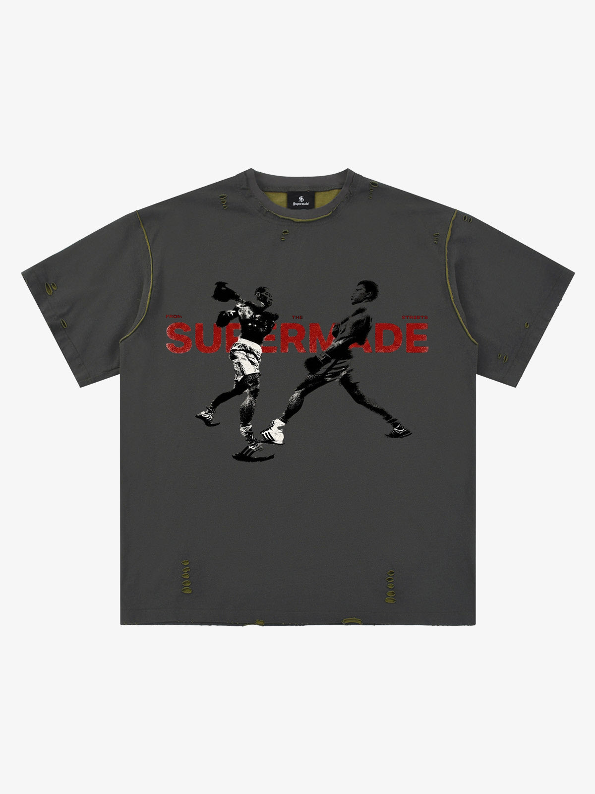 Black Distressed Graphic T-Shirt with Boxing Print – Relaxed Fit Streetwear Tee