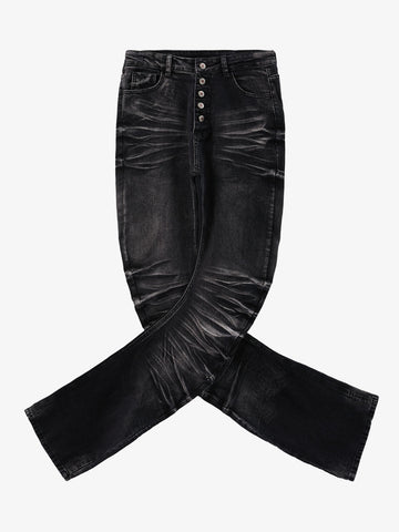 Vintage Distressed Button Fly Ruched Panel Flared Jeans 