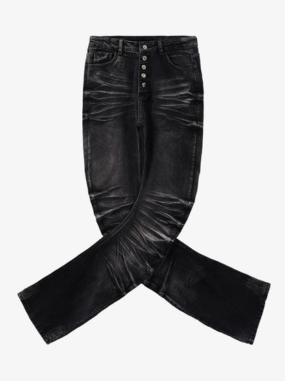 Vintage Distressed Button Fly Ruched Panel Flared Jeans 