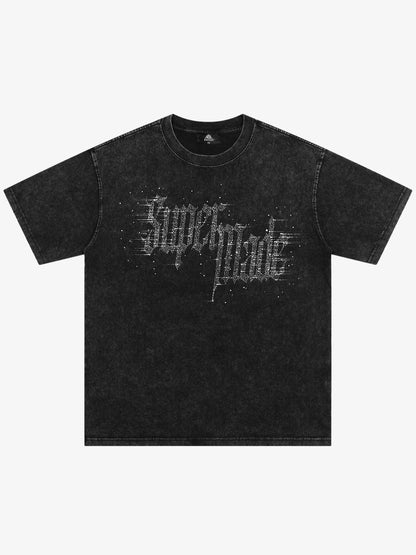 Washed Gothic Letter Imitation Diamond T-Shirt 