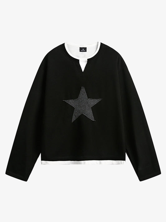 Layered Crewneck Star Print Long-Sleeve T-Shirt 