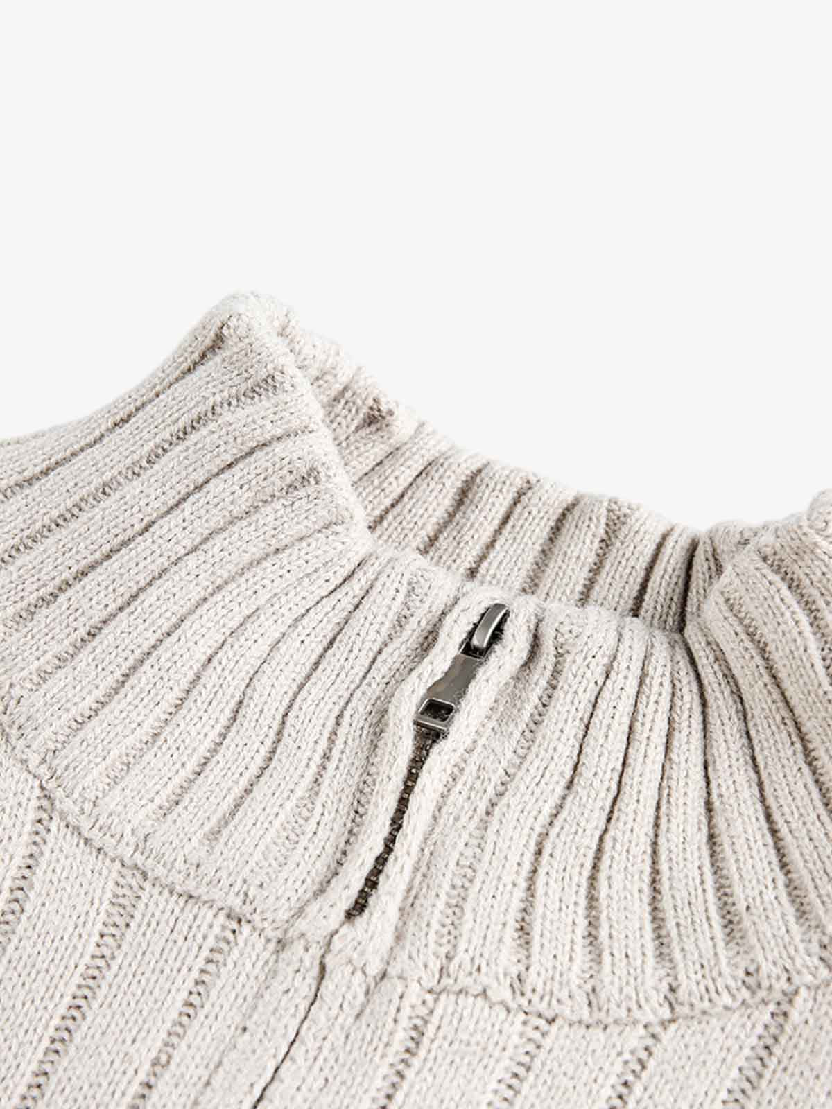 Retro Abstract Print Ribbed Stand Collar Zip-Up Sweater 