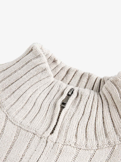 Retro Abstract Print Ribbed Stand Collar Zip-Up Sweater 