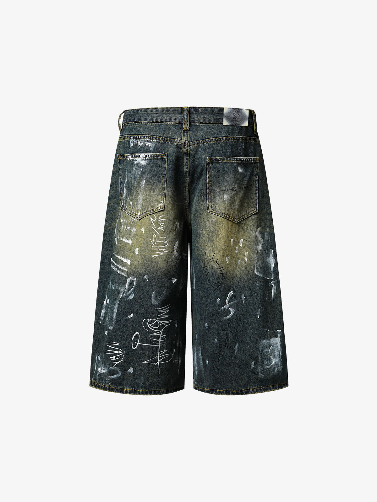 Light Wash Distressed Denim Shorts – Graffiti Print Wide-Leg Streetwear