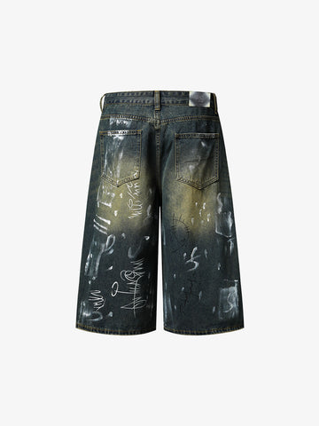 Light Wash Distressed Denim Shorts – Graffiti Print Wide-Leg Streetwear