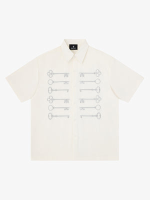 Black Cotton Button-Up Shirt with Gold Embroidered Key Motif – Classic Fit Top