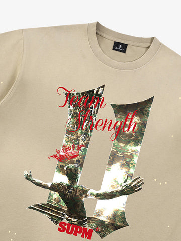 Unisex distressed loose-fitting cotton short-sleeved T-shirts featuring a print of the "11" team strength from the FIFA World Cup and a splatter-wash finish. 