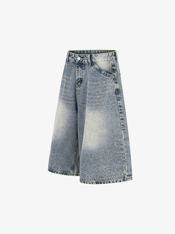 Rhinestone Distressed Denim Bermuda Shorts – Wide-Leg Cotton Streetwear Shorts