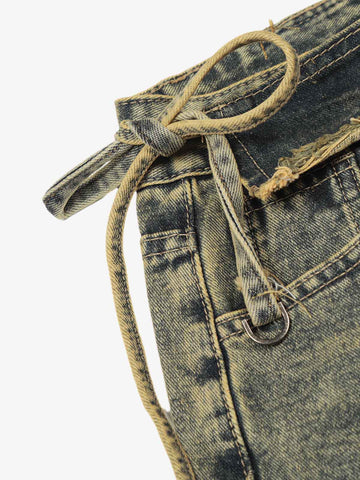 Layered Waist Tie Detail Vintage Wash Jeans 
