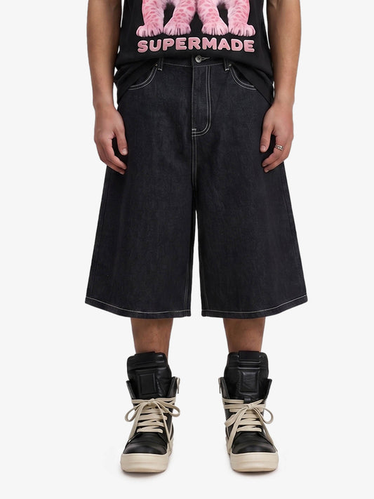 Vintage Denim-Shorts mit weitem Bein und Kontrastnähten