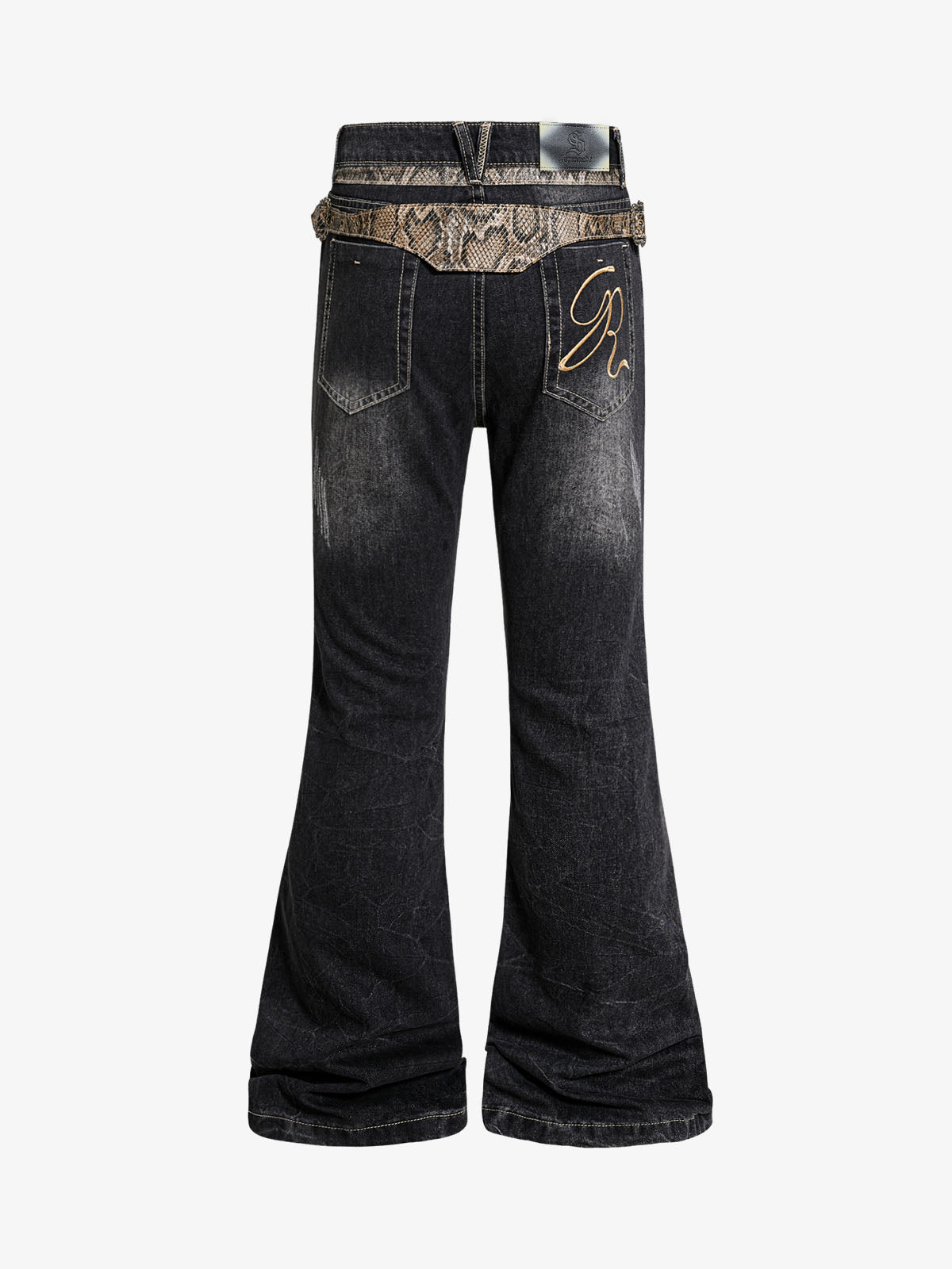 Snake Waist Flared Denim Jeans – Dark Wash Gold Embroidery Fit