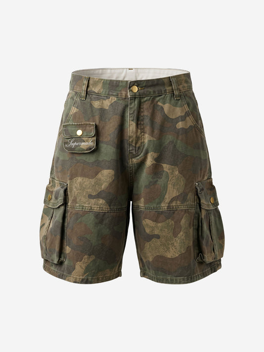Distressed Camouflage Workwear Wide-leg Shorts