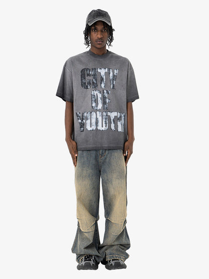 Vintage Gradient Spray Letter Print T-Shirt 