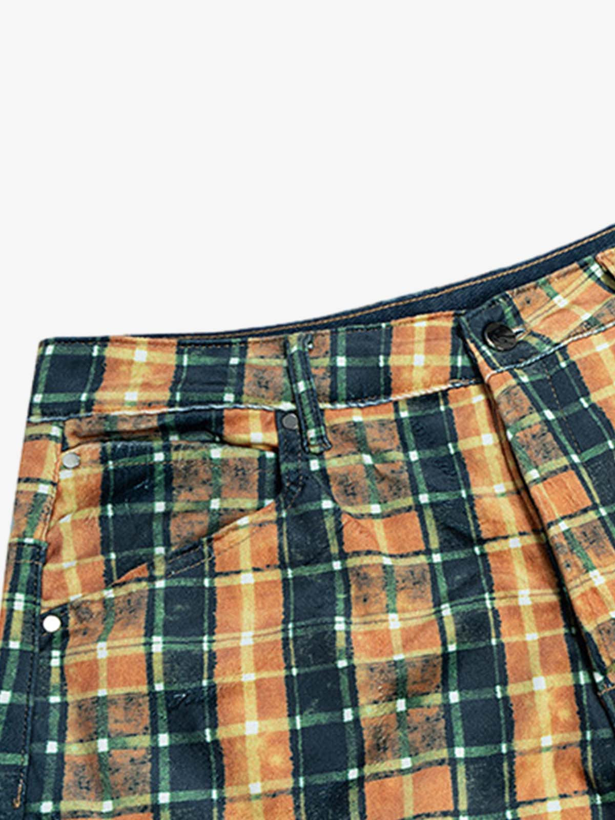 Plaid Relaxed Fit Jeans – Vintage Washed Tartan Denim Trousers