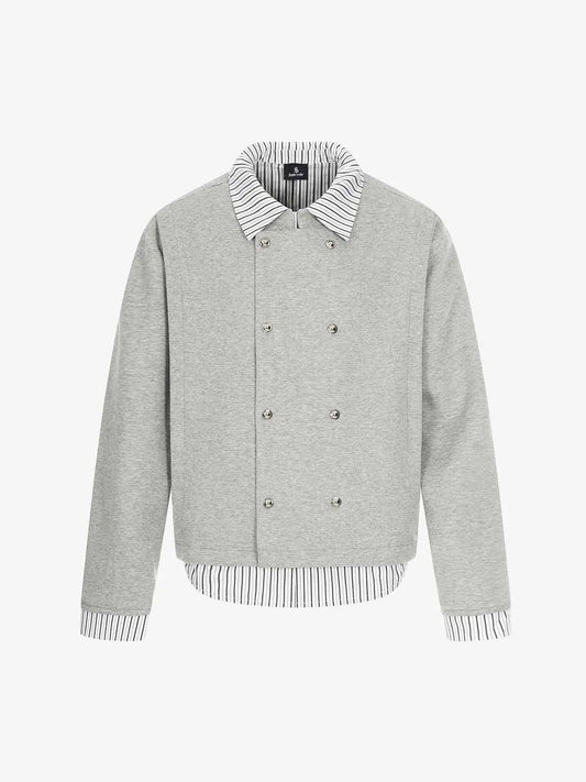 Button Detail Striped Panel Faux Layered Jacket 