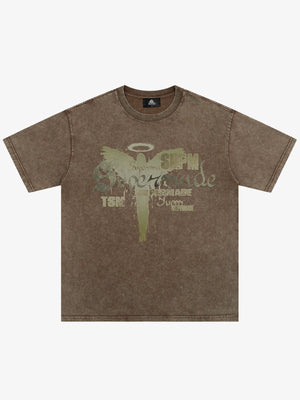 Distressed Washed Gothic Angel Graphic T-Shirt 