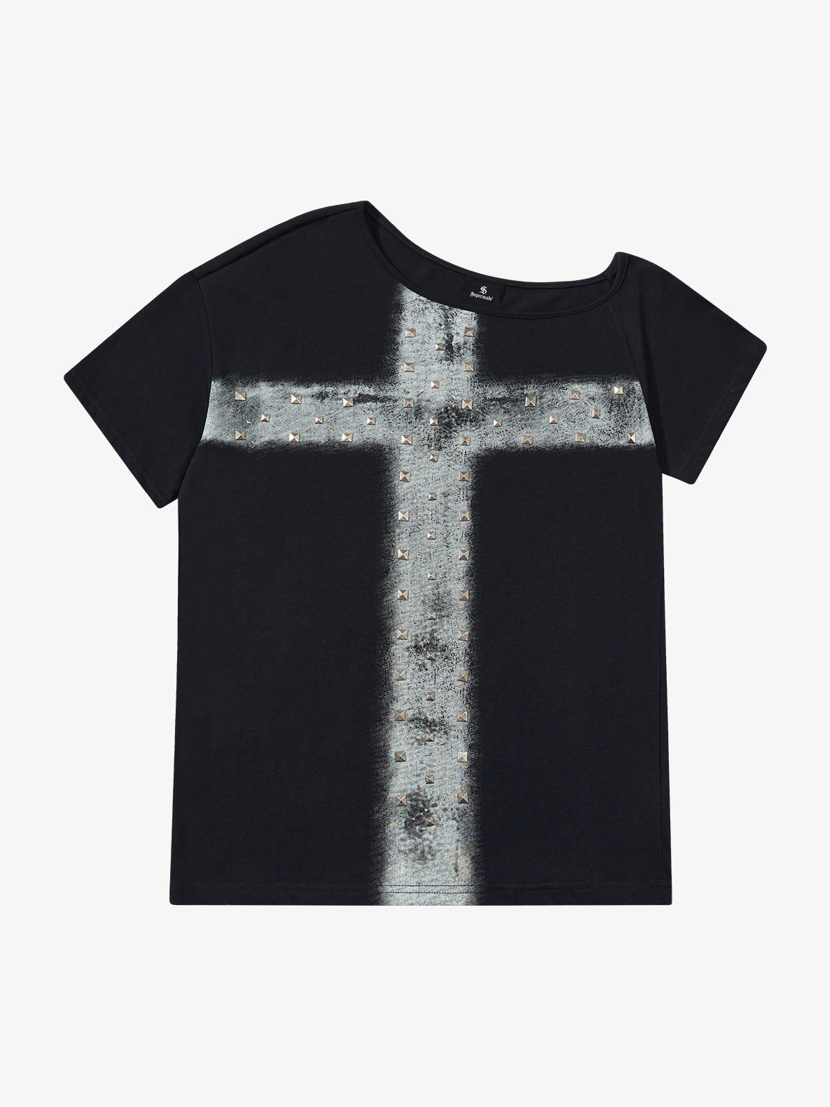 Black Cotton T-Shirt with Silver Studs and Bleach Spray Graphic