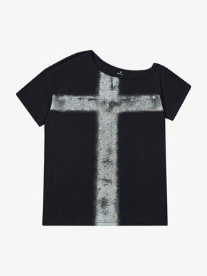 Black Cotton T-Shirt with Silver Studs and Bleach Spray Graphic