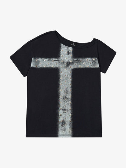 Black Cotton T-Shirt with Silver Studs and Bleach Spray Graphic