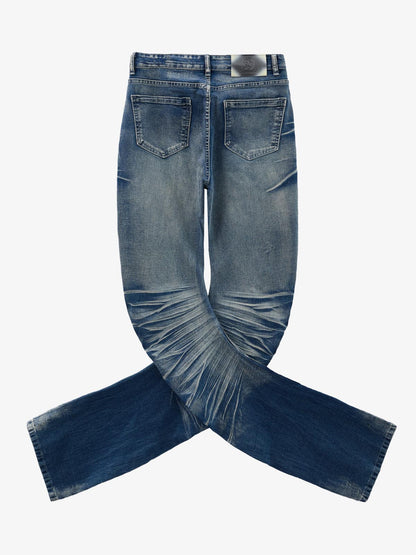 Vintage Distressed Button Fly Ruched Panel Flared Jeans 