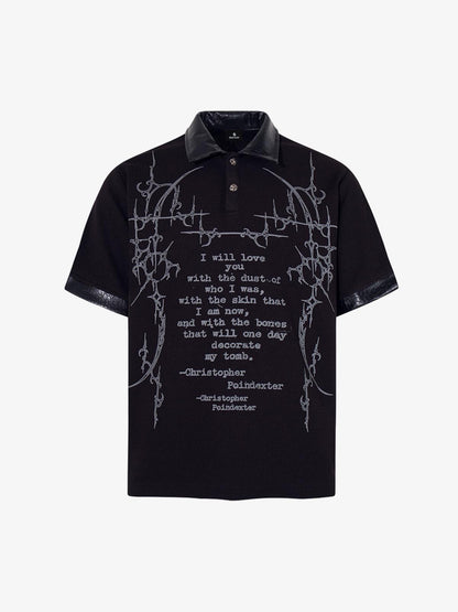 Gothic Text Print Leather Patchwork Polo T-Shirt 