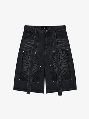 Jeansshorts mit Spinnennetzstickerei