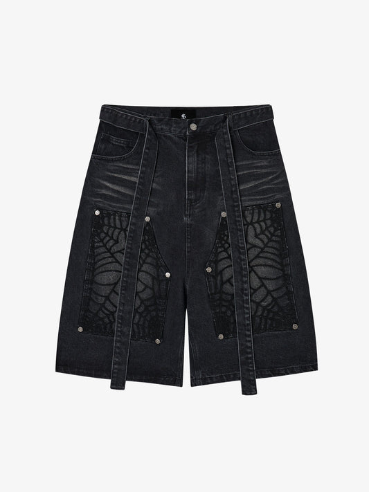 Jeansshorts mit Spinnennetzstickerei