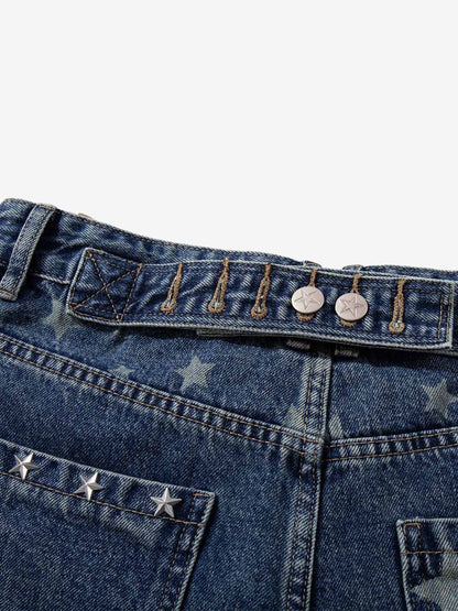 Star Embroidered Denim Shorts with Rivets