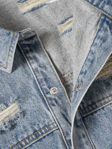 Retro Washed Plaid-Paneled Distressed Denim Set 